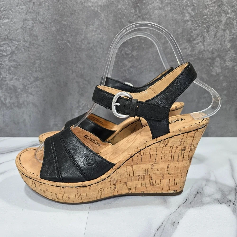 Born Womens 7 Black Leather Slingback Cork Wedge Sandals Comfort Shoes Platform